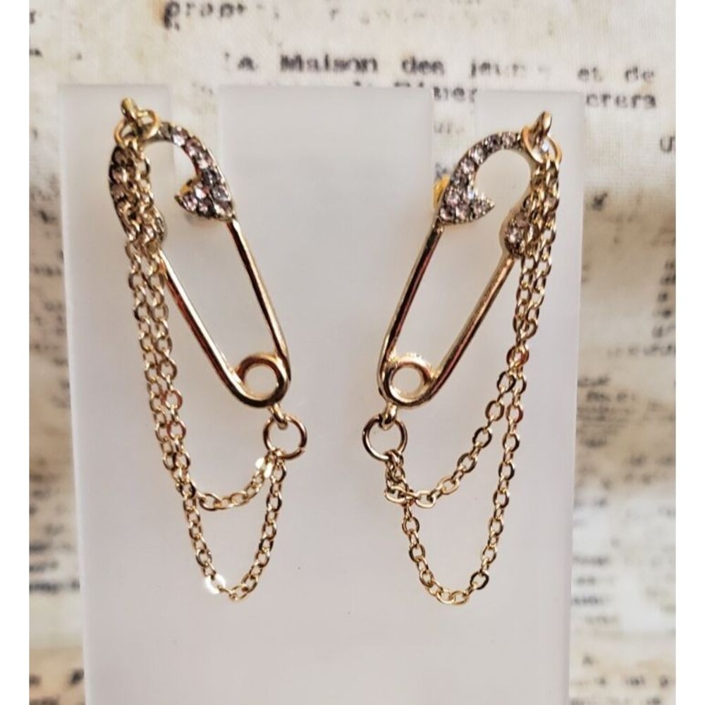 Skater, Indie - Gold Tone and Pave Safety Pin Earrings with Double Chain Accent